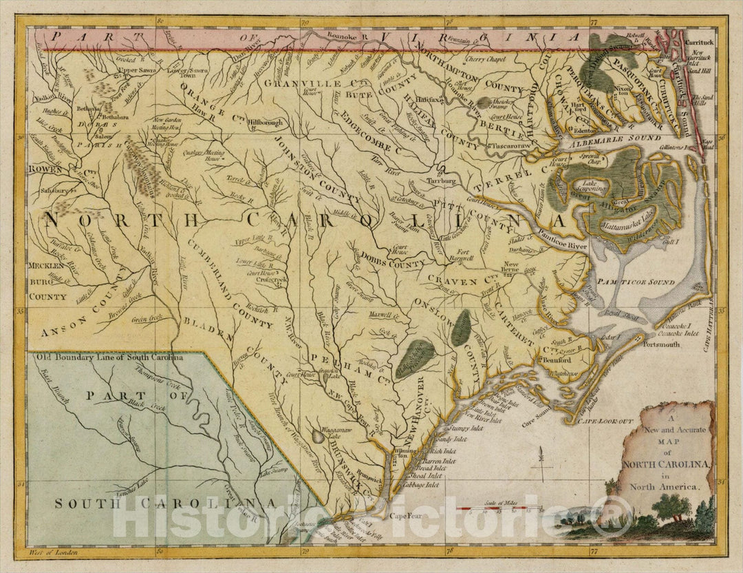 Historic Map : A New and Accurate Map of North Carolina in North America, 1779, Universal Magazine, Vintage Wall Art