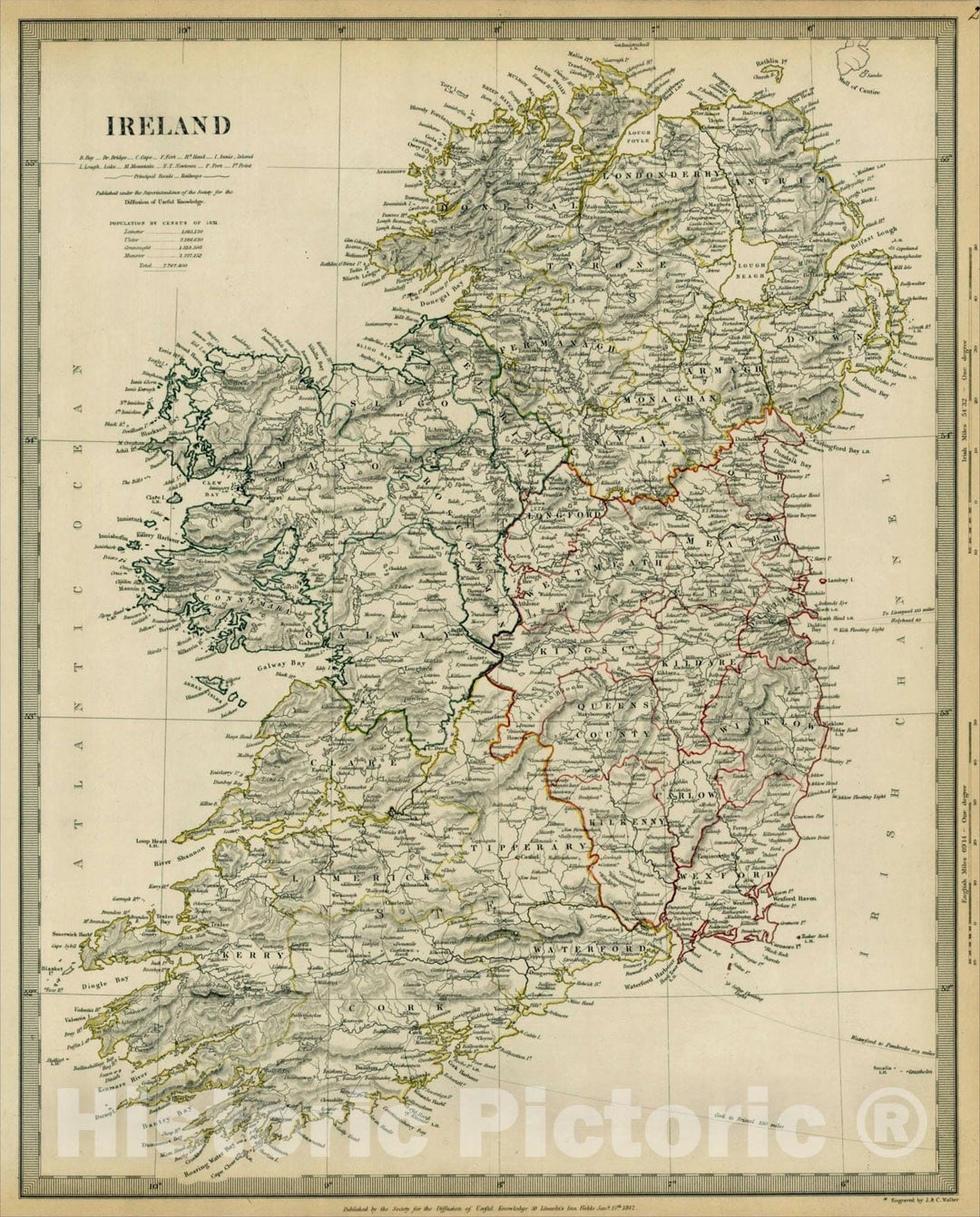 Historic Map : Ireland, 1833, Society for the Diffusion of Useful Knowledge, Vintage Wall Art