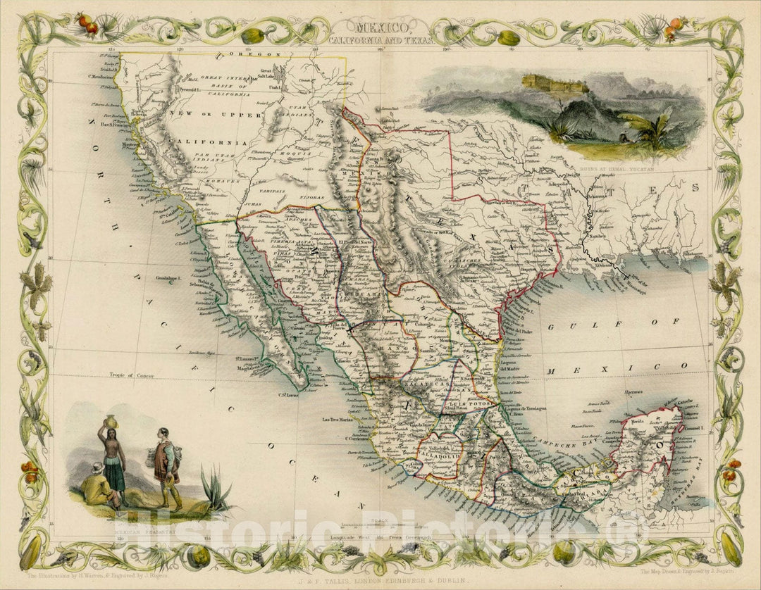 Historic Map : Mexico, California and Texas, 1849, John Tallis, Vintage Wall Art