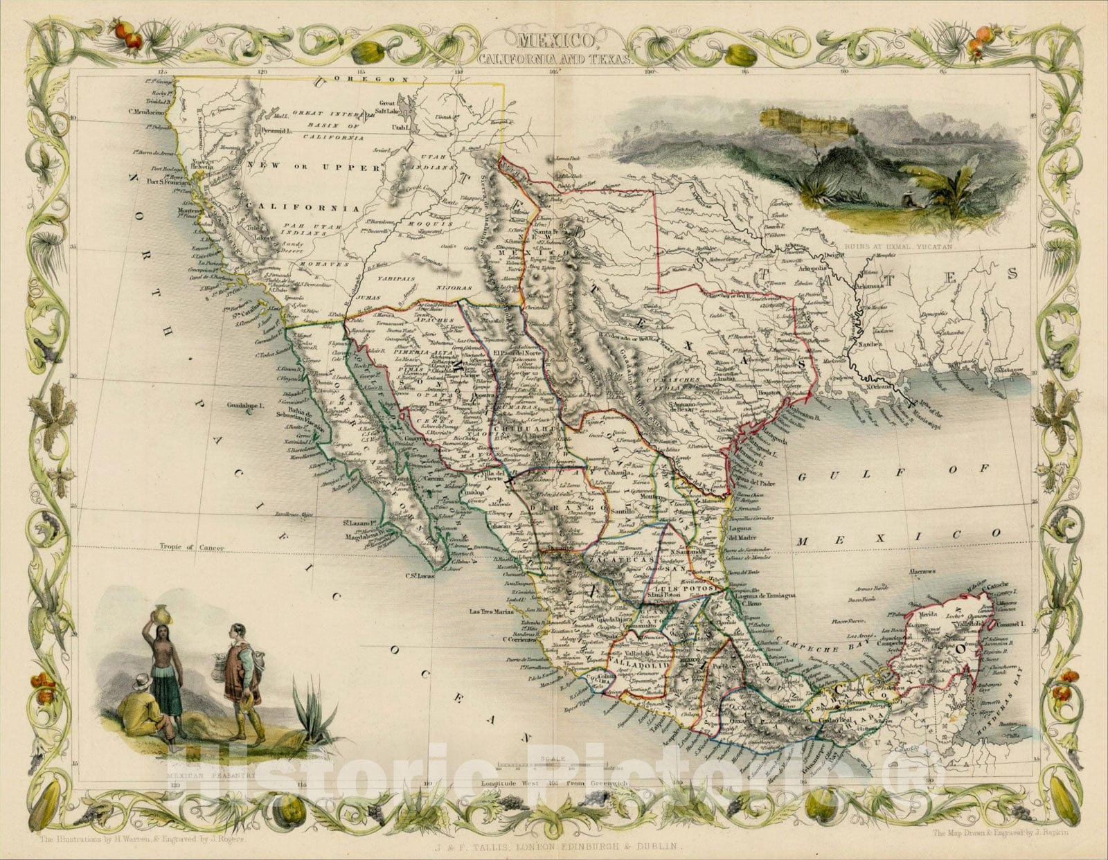 Historic Map : Mexico, California and Texas, 1849, John Tallis, Vintage Wall Art