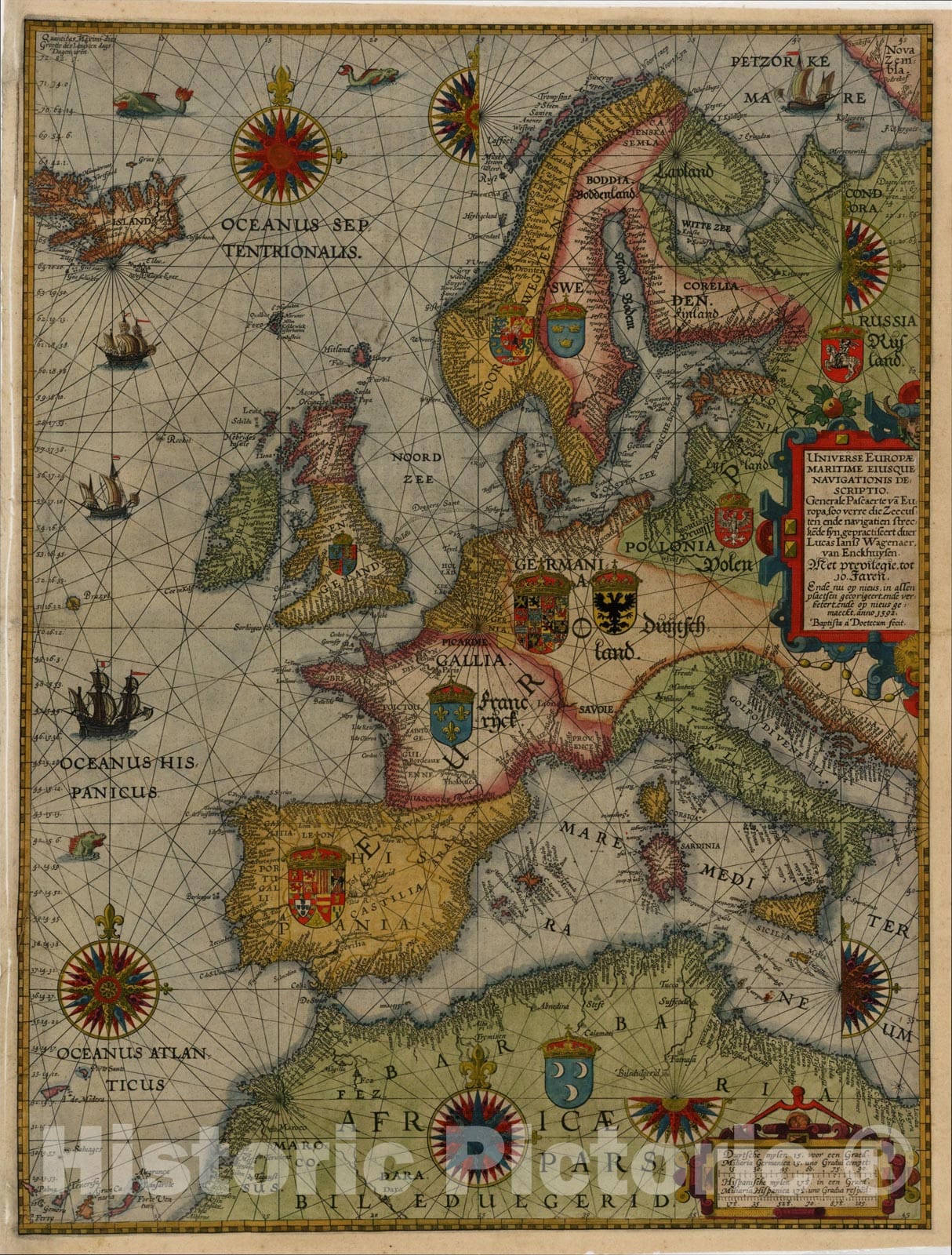 Historic Map : Universe Europe Maritime Eiusque Navigationis Descriptio. Generale Paschaerte van Europa, 1592, c1592, , Vintage Wall Art