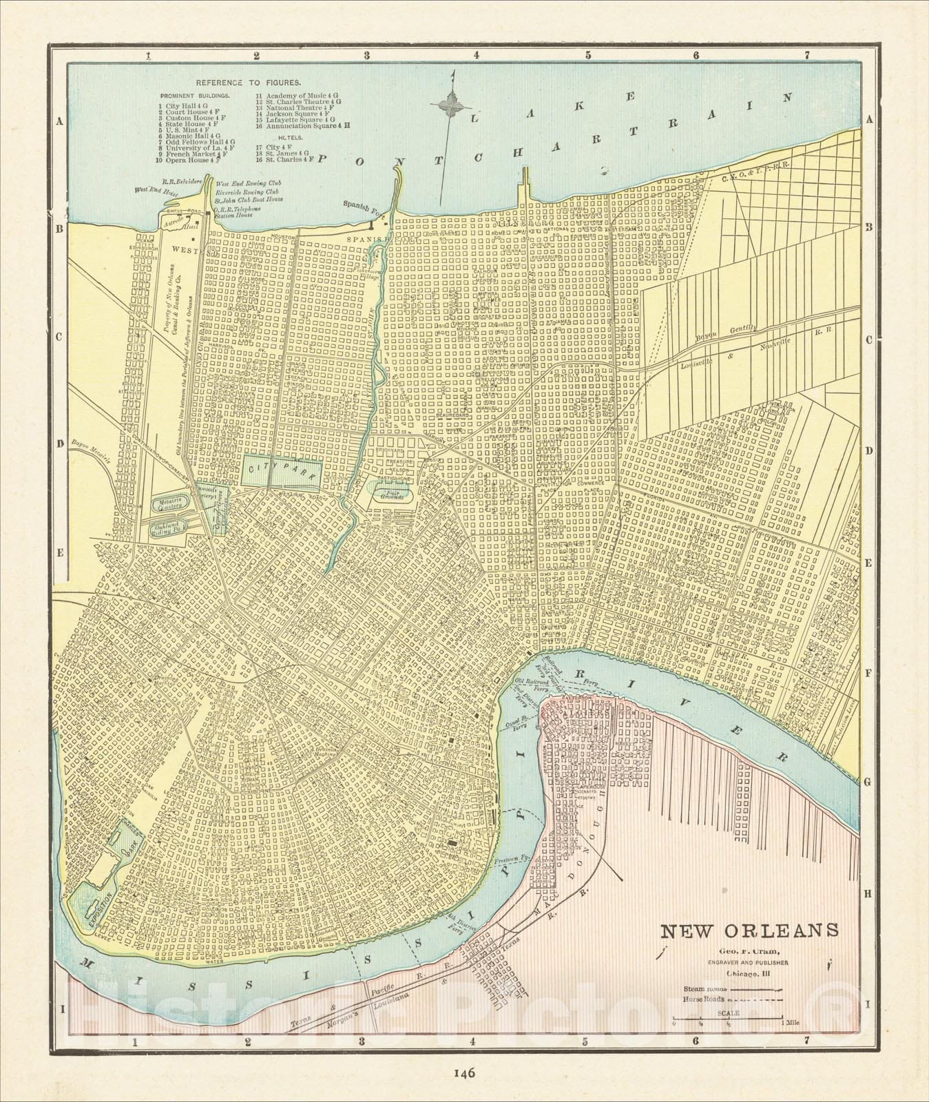 Historic Map : New Orleans, 1892, George F. Cram, Vintage Wall Art