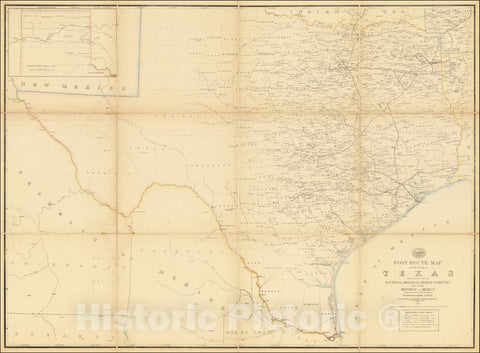 Historic Map : Post Route Map of the State of Texas with Adjacent Parts of Louisiana, Arkansas, Indian Territory, and the Republic of Mexico, 1878, Vintage Wall Art