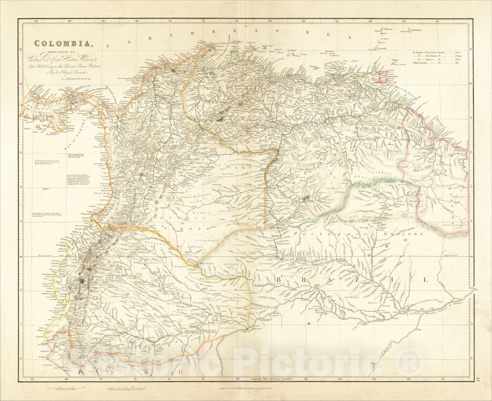 Historic Map : Colombia, Dedicated to Colonel Belford Hinton Wilson, late Aid de Camp to the Liberator Simon Bolivar, 1834, John Arrowsmith, Vintage Wall Art