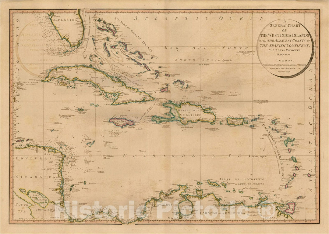 Historic Map : A General Chart of The West India Islands with The Adjacent Coasts of the Spanish Continent, 1796, 1796, William Faden, Vintage Wall Art