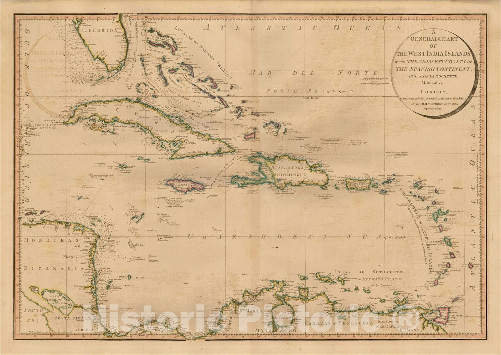 Historic Map : A General Chart of The West India Islands with The Adjacent Coasts of the Spanish Continent, 1796, 1796, William Faden, Vintage Wall Art