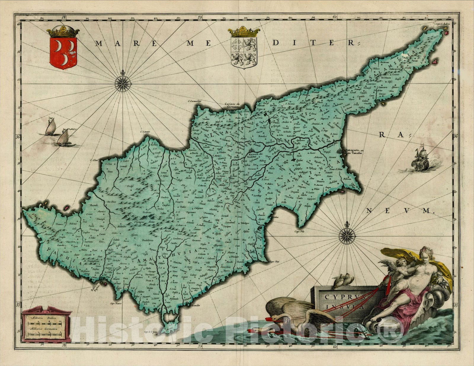 Historic Map : Cyprus Insula, 1642, Willem Janszoon Blaeu, Vintage Wall Art