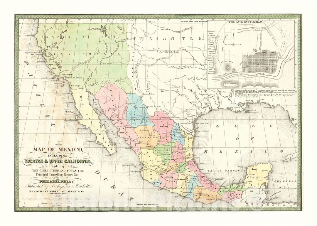 Historic Map : Map of Mexico, Including Yucatan and Upper California, exhibiting The Chief Cities And Towns, The Principal Travelling Routes, 1846, 1846, v2, Vintage Wall Art