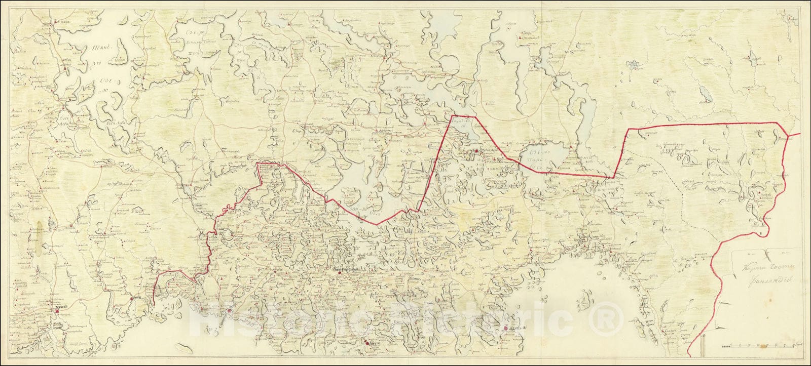 Historic Map : (Manuscript Map of the Russia-Finland Border North of St. Petersburg) ????? ????? ?????????., c1810, Anonymous, Vintage Wall Art