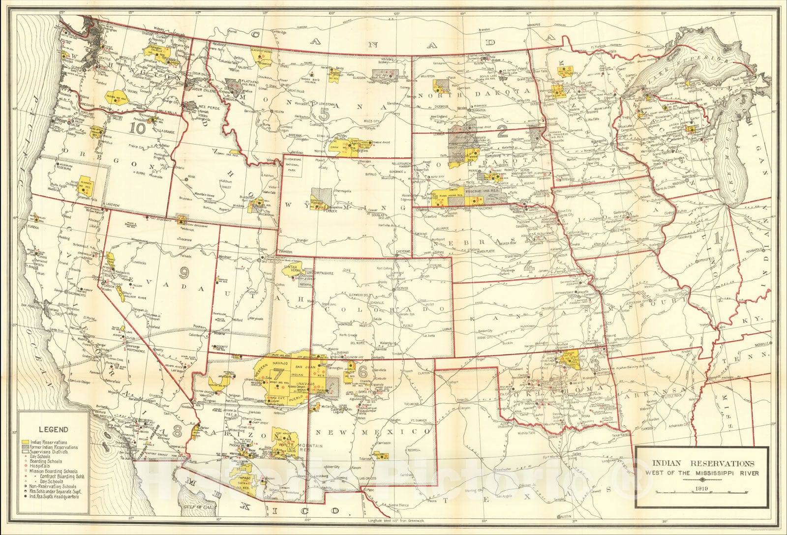 Historic Map : Indian Reservations West of the Mississippi River -- 1919, 1919, U.S. Geological Survey, Vintage Wall Art