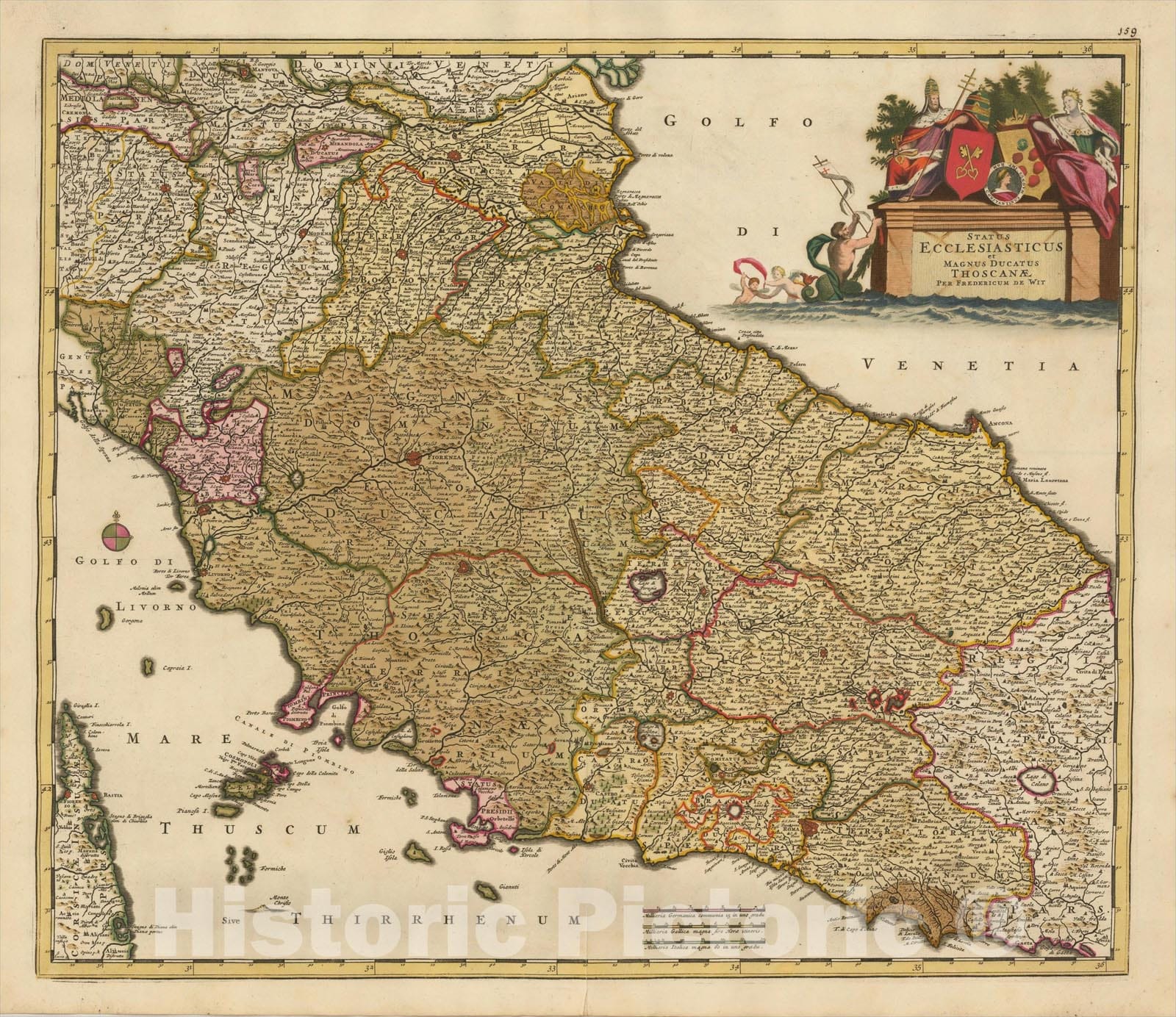 Historic Map : Status Ecclesiasticus Magnus Ducatus Thoscanae [Tuscany, Rome, Siena, Pisa, Florence, etc, c1680, Frederick De Wit, Vintage Wall Art