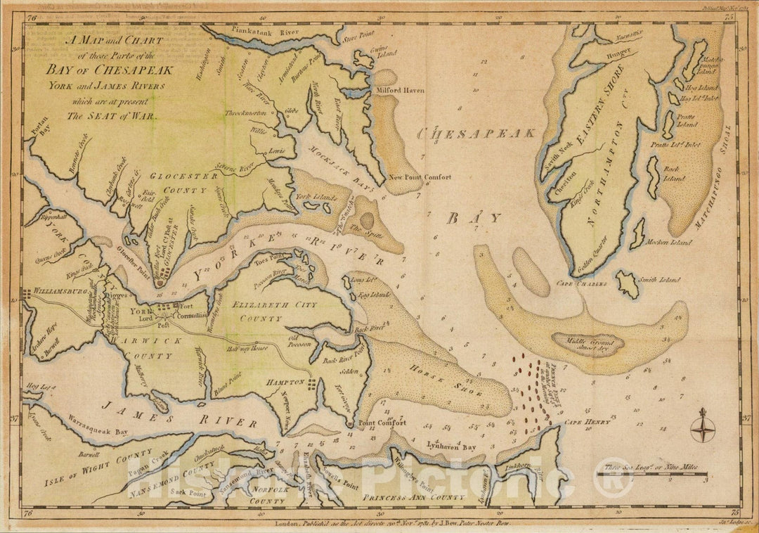 Historic Map : A Map and Chart of those Parts of the Bay of Chesapeak York and James Rivers which are at present the Seat of War, 1781, Political Magazine, Vintage Wall Art