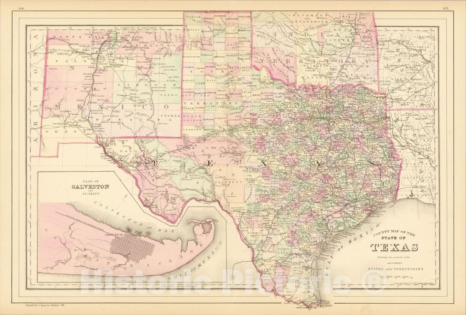 Historic Map : County Map of The State of Texas Showing also portions of the Adjoining States and Territories, 1886, Samuel Augustus Mitchell Jr., Vintage Wall Art