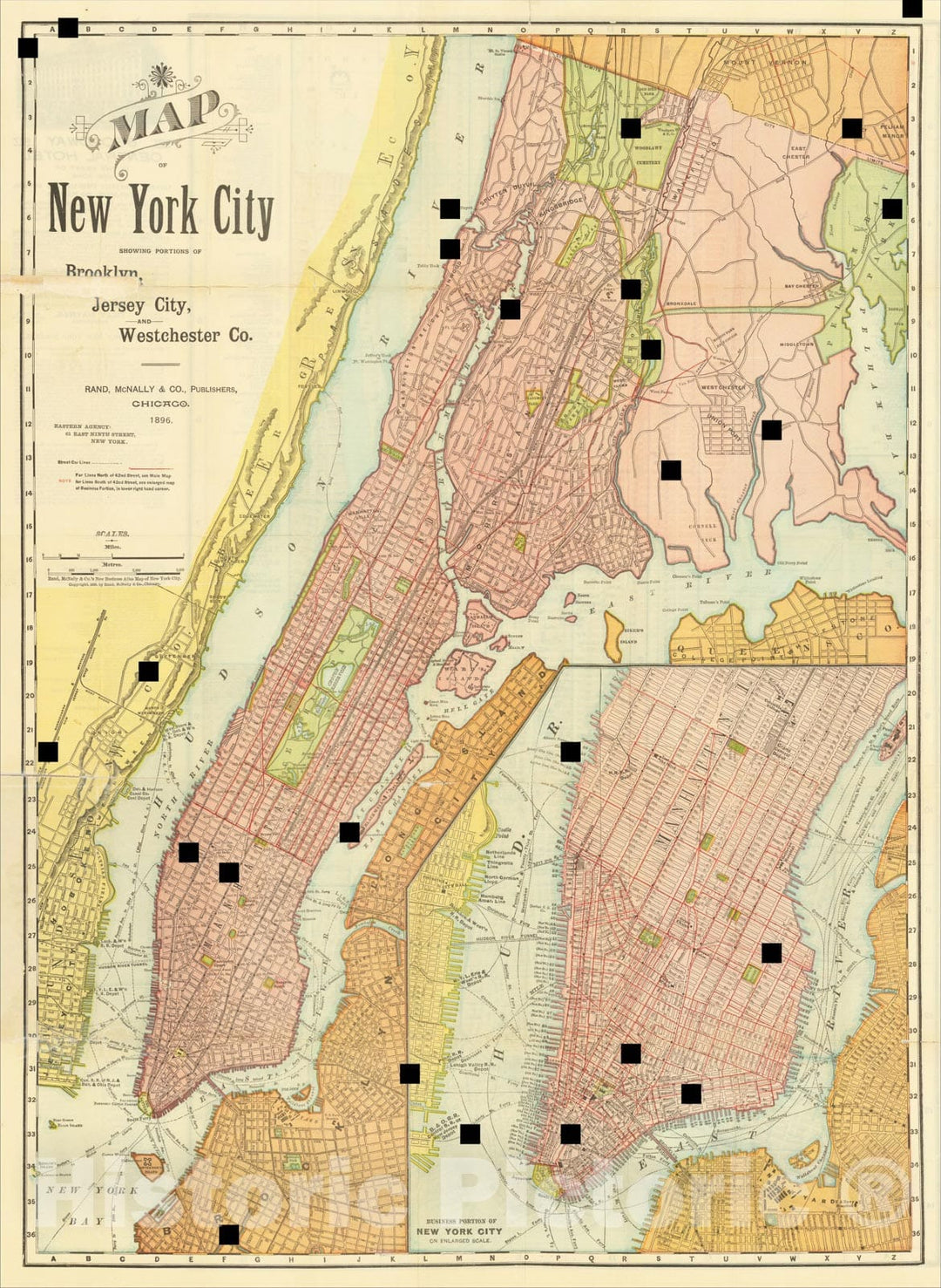 Historic Map : Map of New York City, Brooklyn, Jersey City, and Westchester Co., 1896, 1896, Rand McNally & Company, Vintage Wall Art