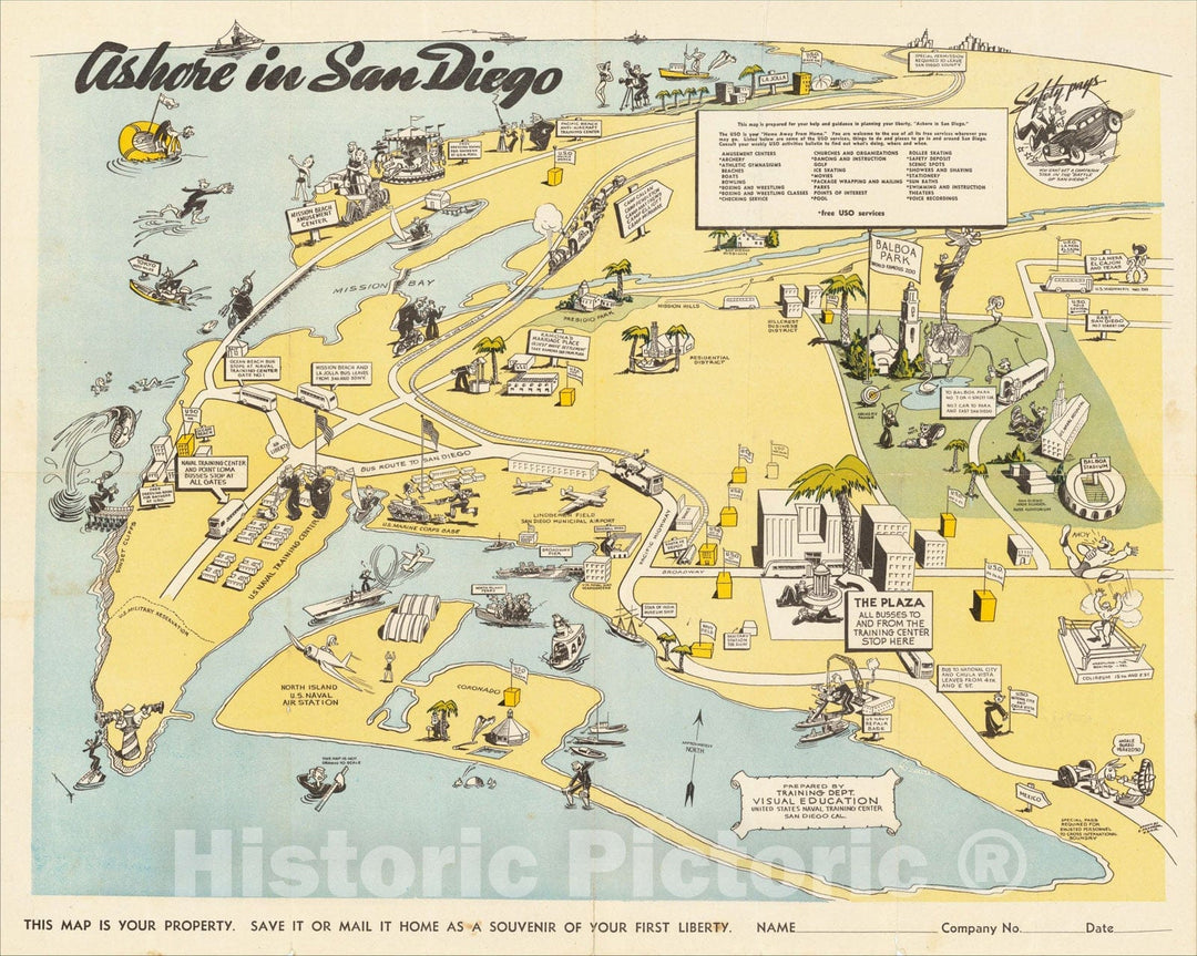 Historic Map : Ashore in San Diego., 1943, United States Naval Training Center, v1, Vintage Wall Art