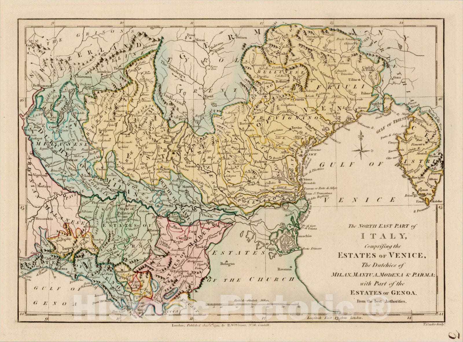 Historic Map : The North East Part of Italy, Comprising the Estates of Venice, The Dutchies of Milan, Mantua, Modena & Parma, 1794, Robert Wilkinson, Vintage Wall Art