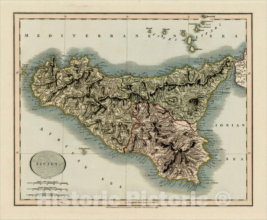 Historic Map : Sicily, 1816, John Cary, Vintage Wall Art