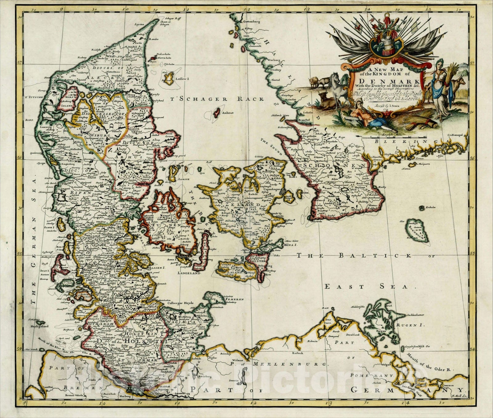 Historic Map : A New Map of the Kingdom of Denmark With the Dutchy of Holstein &c., 1719, 1721, John Senex, Vintage Wall Art