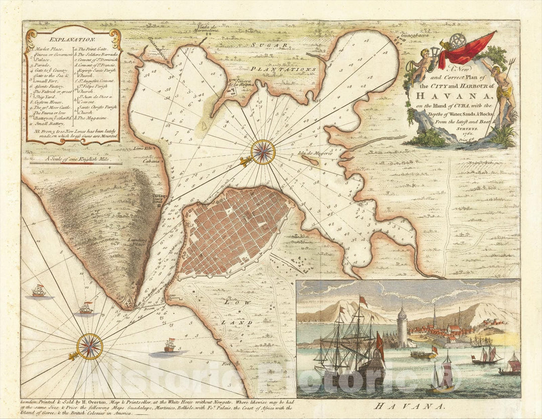 Historic Map : A New and Correct Plan of the City and Harbour of Havana, on the Island of Cuba, with the Depths of Water, Sands & Rocks, 1762, Henry Overton, Vintage Wall Art