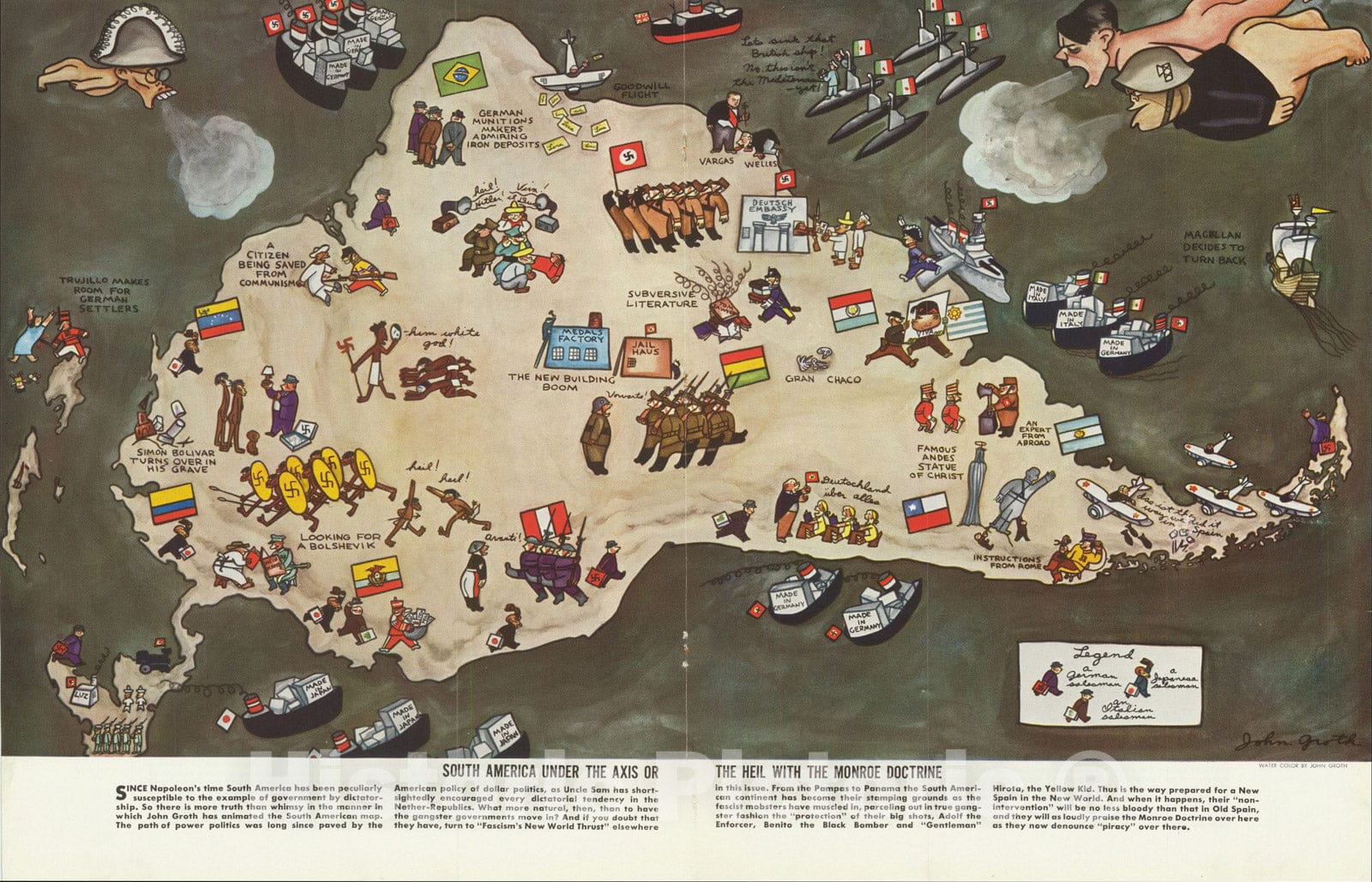 Historic Map : South America Under The Axis or The Heil With the Monroe Doctrine, 1938, John Groth, Vintage Wall Art