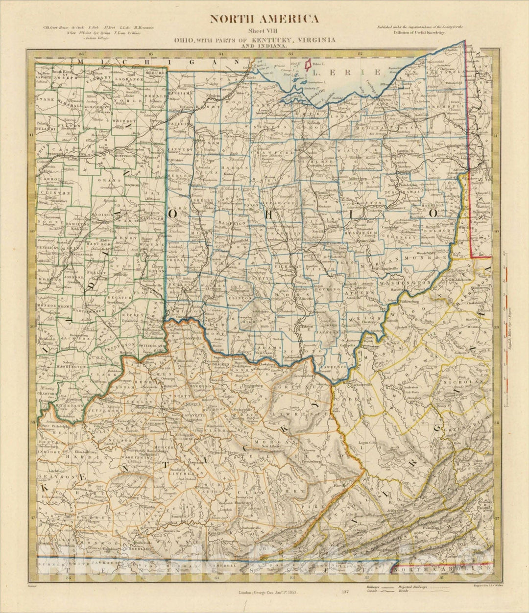 Historic Map : North America Sheet VIII Ohio, With Parts Of Kentucky And Virginia, 1852, SDUK, v1, Vintage Wall Art