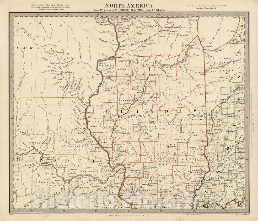 Historic Map : North America Sheet IX Parts of Missouri, Illinois and Indiana [and the Sioux District], 1833, SDUK, Vintage Wall Art