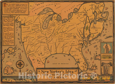 Historic Map : A New Yorker's Idea of the United States of America, 1939, Daniel K. Wallingford, Vintage Wall Art