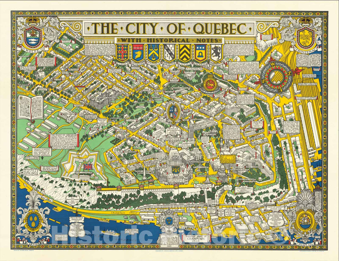 Historic Map : The City of Quebec with Historical Notes, 1932, Samuel Herbert Maw, Vintage Wall Art