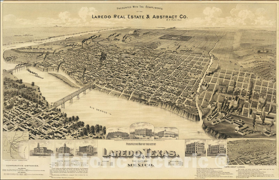 Historic Map : Perspective Map of the City of Laredo, Texas. The Gateway to and from Mexico., c1890, American Publishing Co., Vintage Wall Art