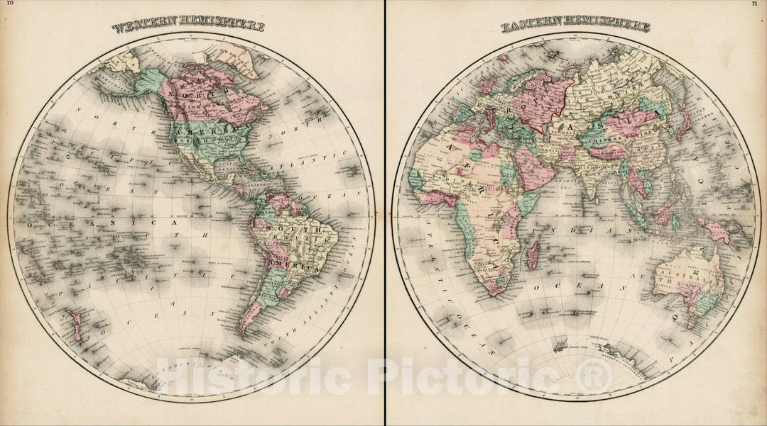 Historic Map : Eastern Hemisphere with Western Hemisphere, 1873, O.W. Gray, Vintage Wall Art