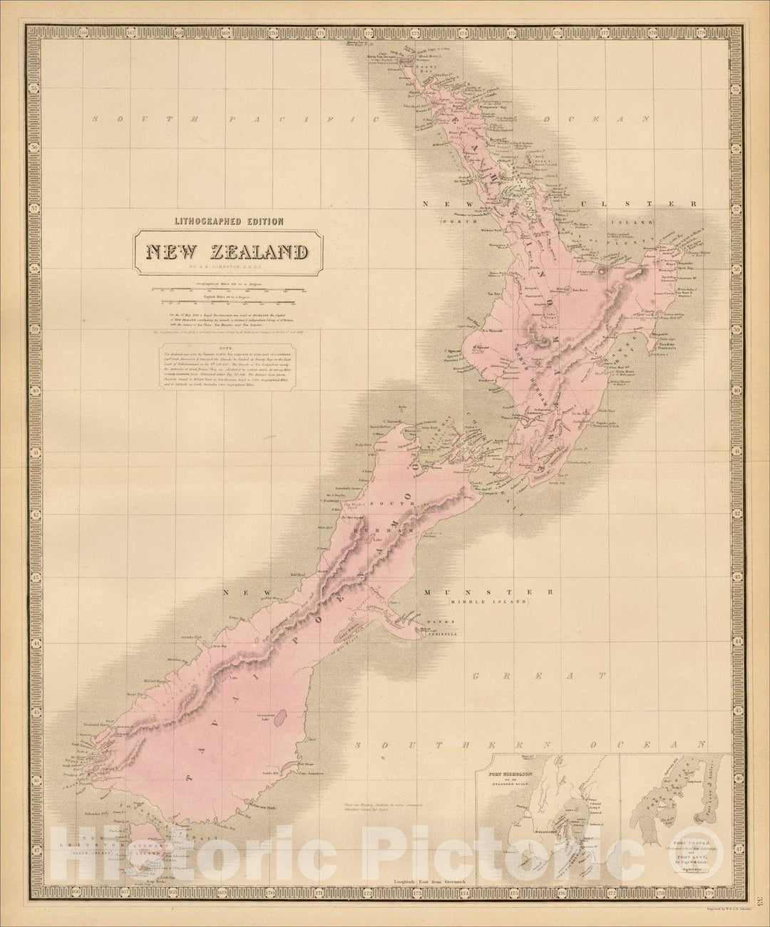 Historic Map : New Zealand, c1850, W. & A.K. Johnston, Vintage Wall Art