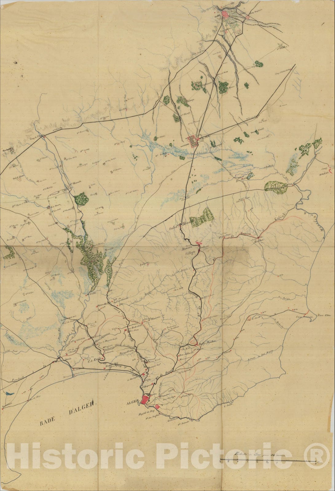 Historic Map : (Manuscript Map - Algiers to Blida, Algeria), c1840, , Vintage Wall Art