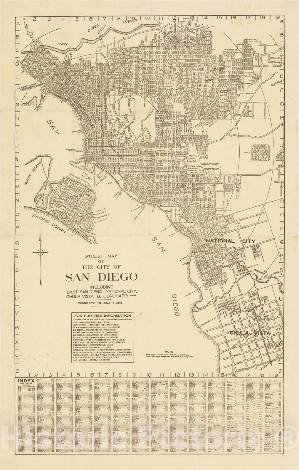 Historic Map : Street Map of the City of San Diego Including East San Diego, National City, Chula Vista and Coronado, July 1, 1914, 1914, Rodney Stokes, Vintage Wall Art