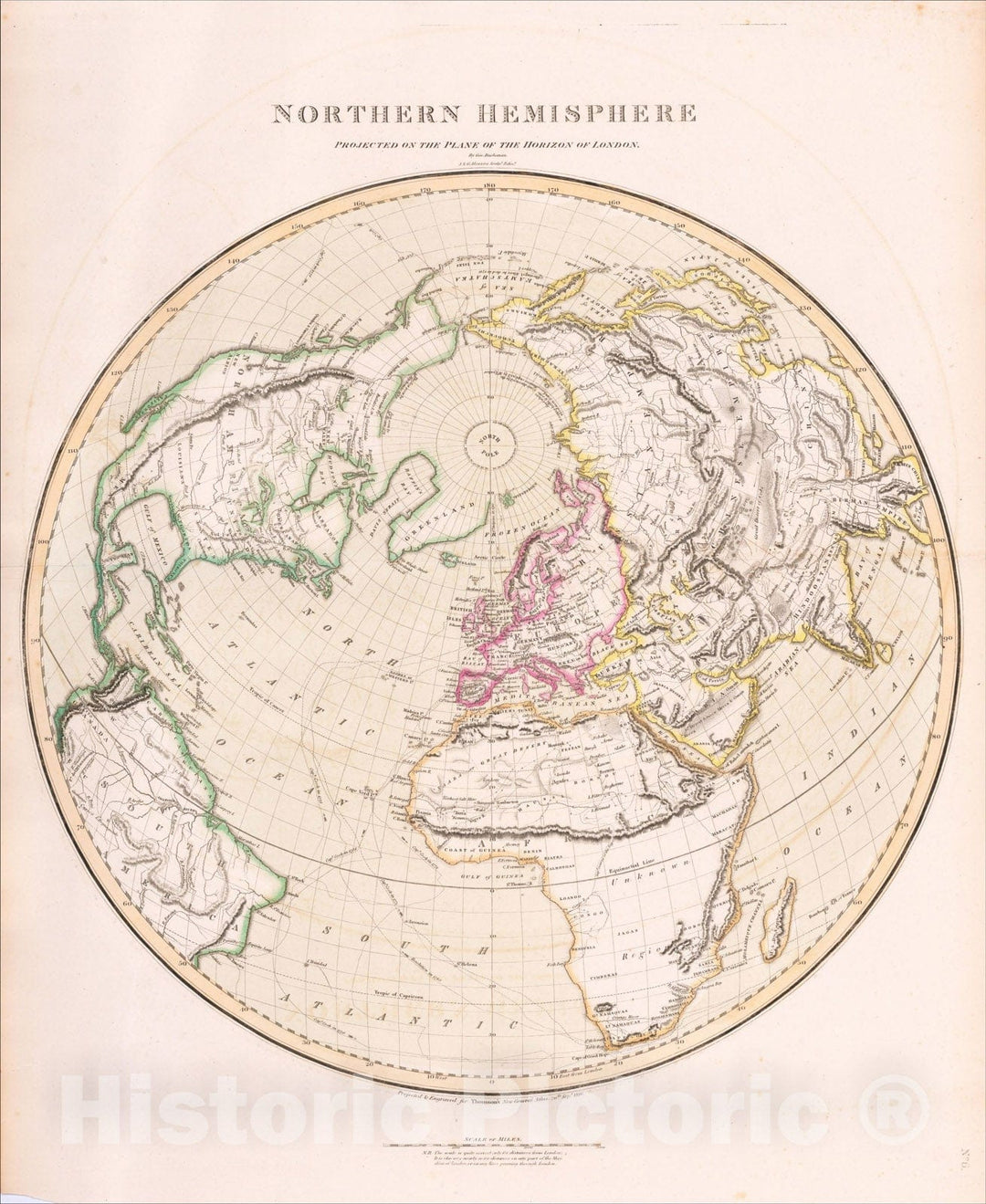 Historic Map : Northern Hemisphere Projected On The Plan of The Horizon of London By Geo. Buchanan, 1816, John Thomson, Vintage Wall Art