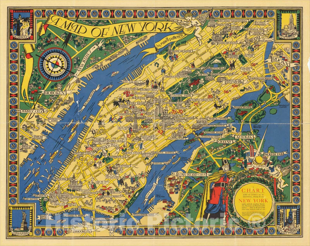 Historic Map : A Chart neither too Literal nor too Emotional, shewing the city New York replete with the wondrous Spectacles, Mysteries, and Pastimes, 1939, Vintage Wall Art