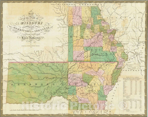 Historic Map : Map of the State of Missouri and Territory of Arkansas complied from the Latest Authorities, 1826, 1826, Anthony Finley, Vintage Wall Art