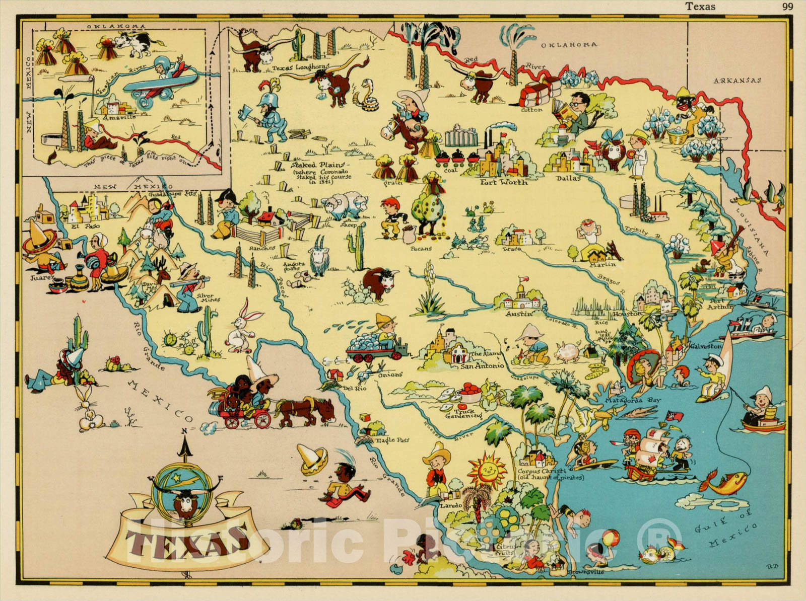 Historic Map : Texas, c1935, Ruth Taylor White, v1, Vintage Wall Art