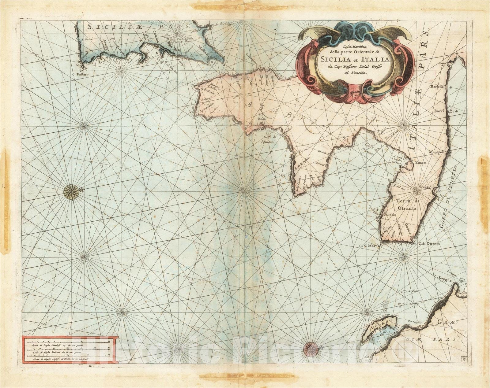 Historic Map : Costa Maritima della parte Orientale di Sicilia et Italia da Cap: Passaro Sin'al Golfo di Venetia, 1695, Vincenzo Maria Coronelli, Vintage Wall Art