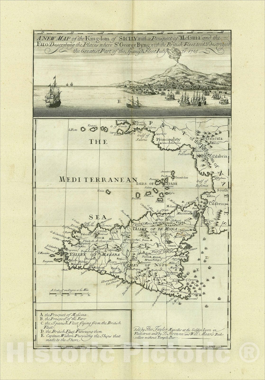 Historic Map : A New Map of the Kingdom of Sicily with a Prospect of Messina, 1718, Thomas Taylor, Vintage Wall Art