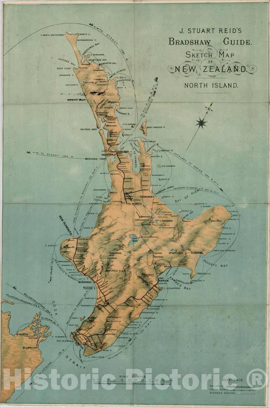 Historic Map : J. Stuart Reid's Bradshaw Guide Sketch Map of New Zealand. North Island., c1880, J. Stuart Reid, Vintage Wall Art