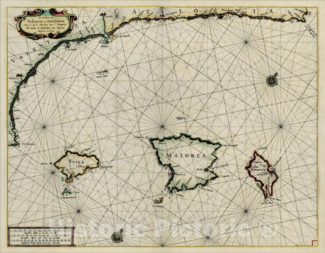 Historic Map : De Custen van Valencia en Catalonia Van C. de S. Martyn tot C. Dragonis, Als meede de Eylanden van Majorca Minora en Yvica, 1662, Pieter Goos, Vintage Wall Art