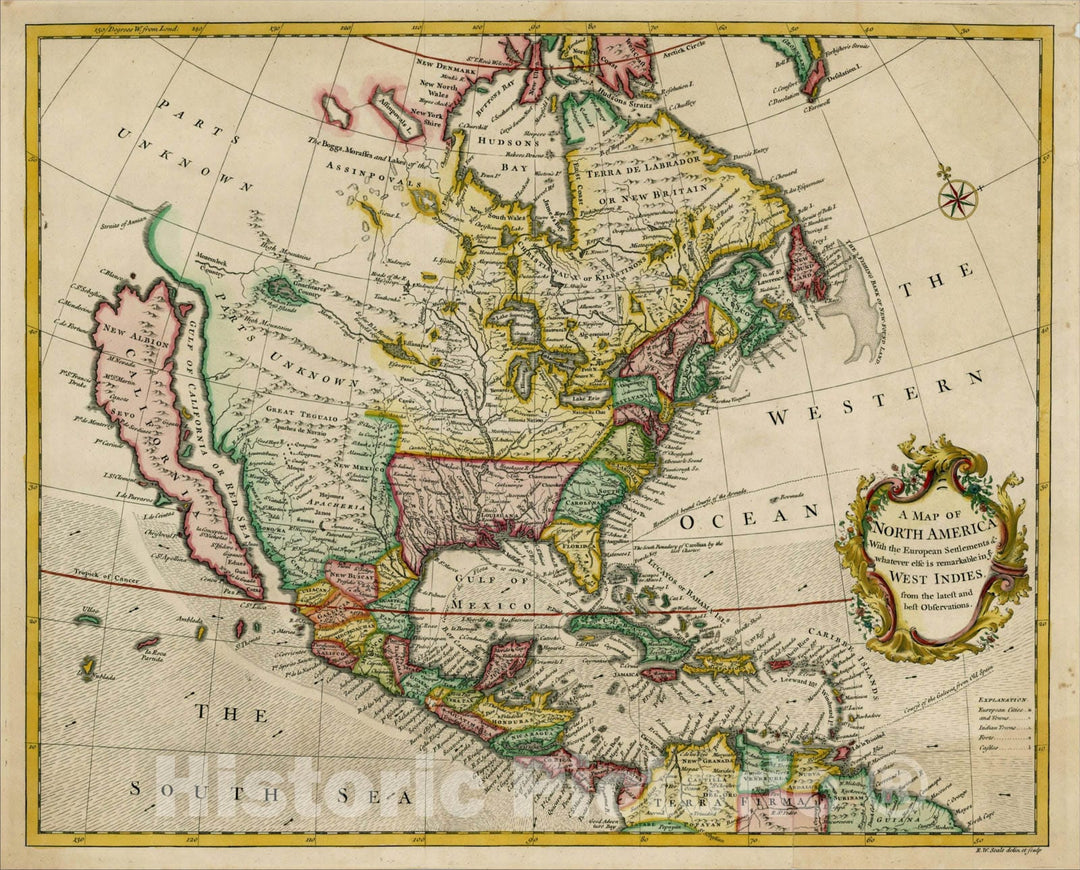 Historic Map : A Map of North America With the European Settlements & whatever else is remarkable in ye West Indies from the latest and best Observations, 1745, Vintage Wall Art