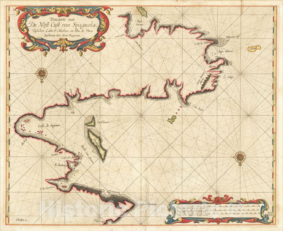 Historic Map : [Hispaniola] Pascaerte van West Cust van Spagnola Tusschen Cabo St. Nicolaes, en Ilha de Vaca door A. Roggeveen., 1675, Arent Roggeveen, Vintage Wall Art