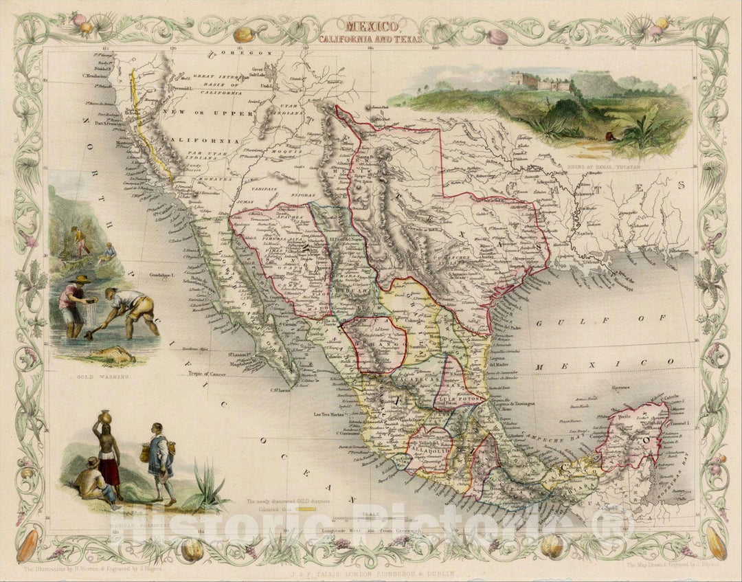 Historic Map : Mexico, California and Texas (with Gold Rush Vignette), 1851, John Tallis, v2, Vintage Wall Art