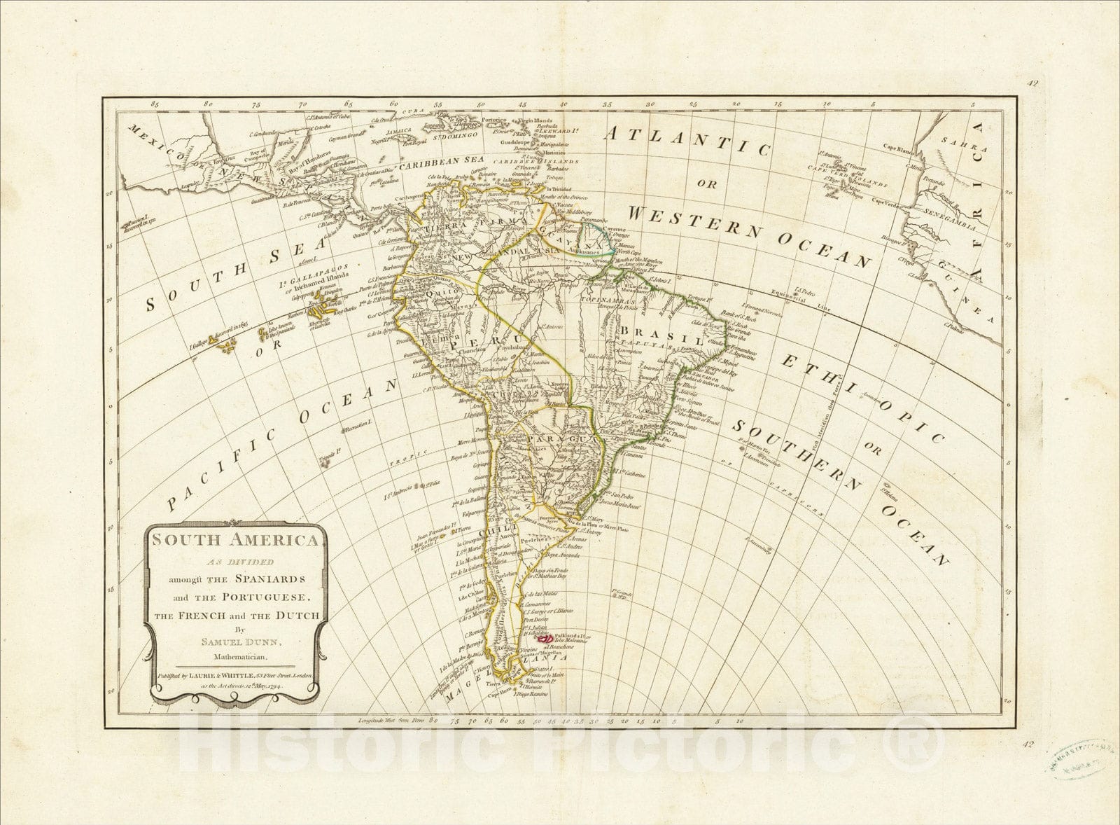 Historic Map : South America as Divided amongst The Spaniards and The Portuguese, The French and The Dutch, 1794, Samuel Dunn, Vintage Wall Art