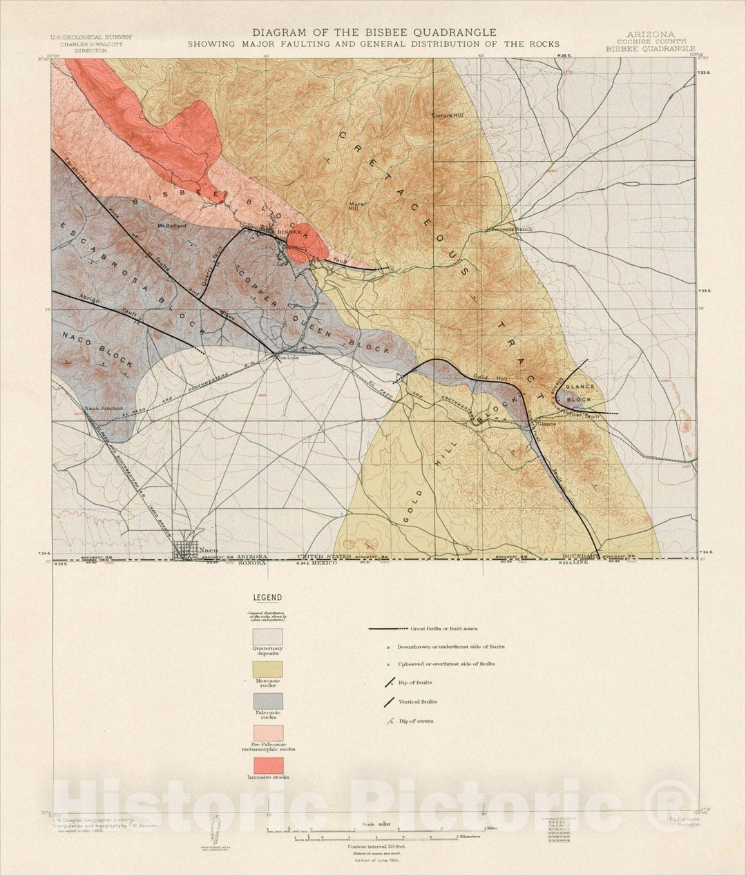 Historic Map : Arizona (Cochise County) Bisbee Quadrangle, 1904, U.S. Geological Survey, v1, Vintage Wall Art