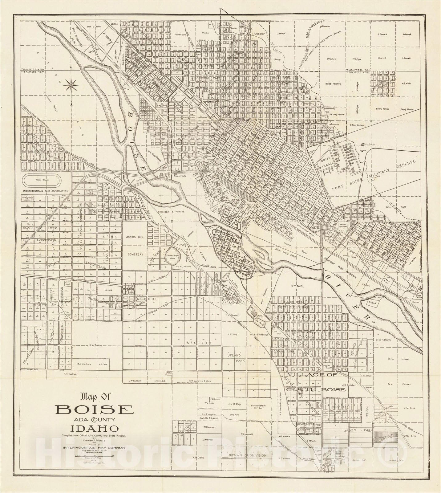 Historic Map : Map of Boise Ada County Idaho Compiled from Official City, County and State Records By Chester A. Werts, 1912, 1912, Chester Werts, Vintage Wall Art