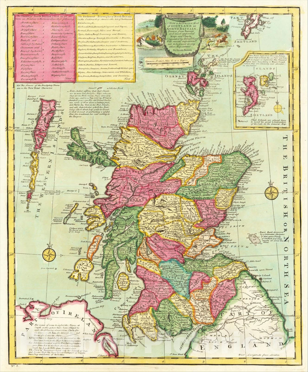 Historic Map : A New and Accurate Map of Scotland, ., 1744, Emanuel Bowen, Vintage Wall Art