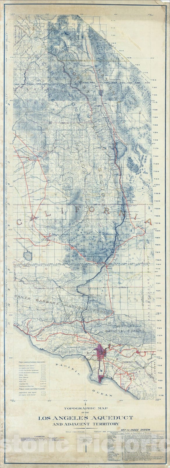 Historic Map : Topographic Map of the Los Angeles Aqueduct and Adjacent Territory February 1908, 1908, Los Angeles Department of Water and Power, Vintage Wall Art