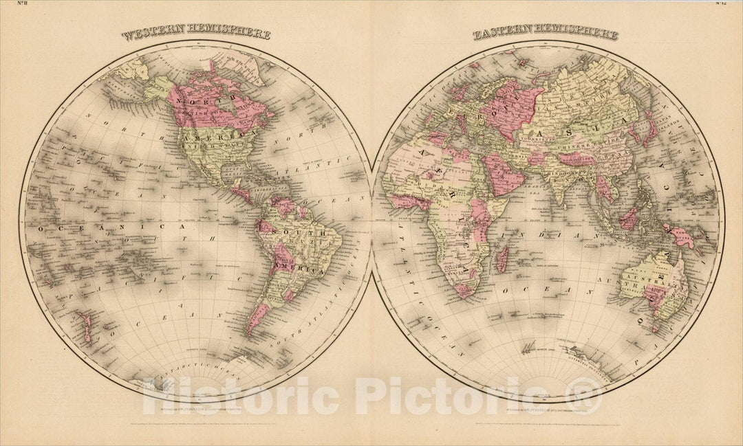 Historic Map : Western Hemisphere with Eastern Hemisphere, 1870, G.W. & C.B. Colton, Vintage Wall Art